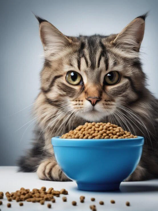 Gato junto a uma tigela de ração