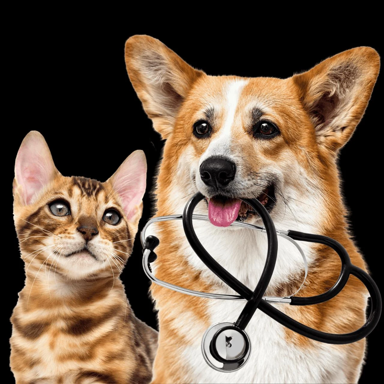 Cão e gato com estetoscópio representando os cuidados com a saúde dos pets